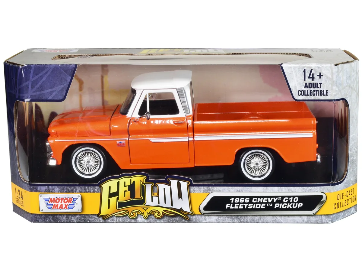 MOTORMAX MOTORMAX 1966 Chevrolet C10 Fleetside Lowrider Orange Metallic White Top Get Low 1/24 Diecast Truck — product photo