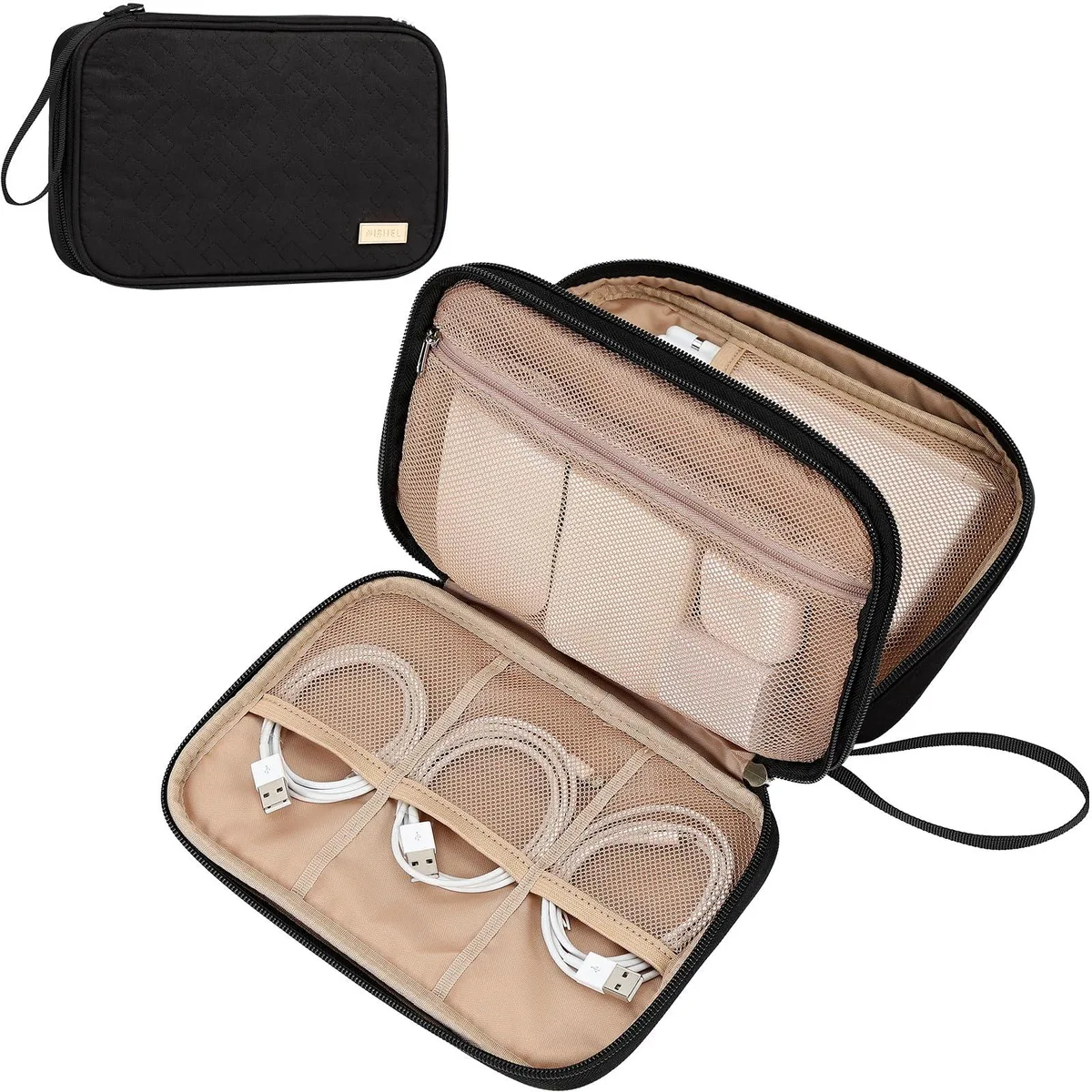 Grey cord organizer case with handle and zipper, small rectangular shape