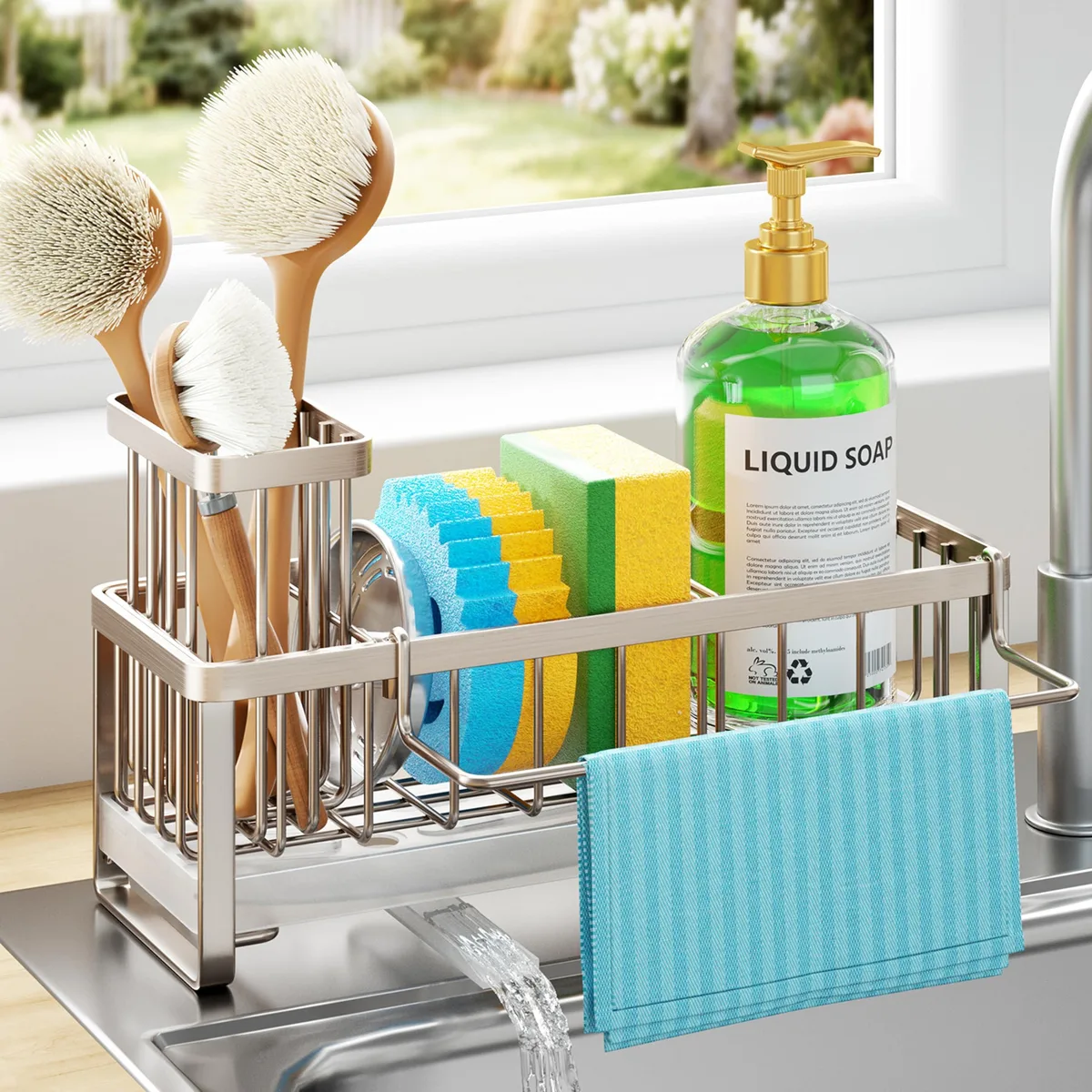 Brushed nickel stainless steel sink caddy with rotating drain, brush and cloth holders