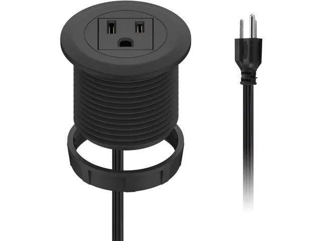 Small black flush-mount desk grommet with one US outlet and a 6.56 FT power cord