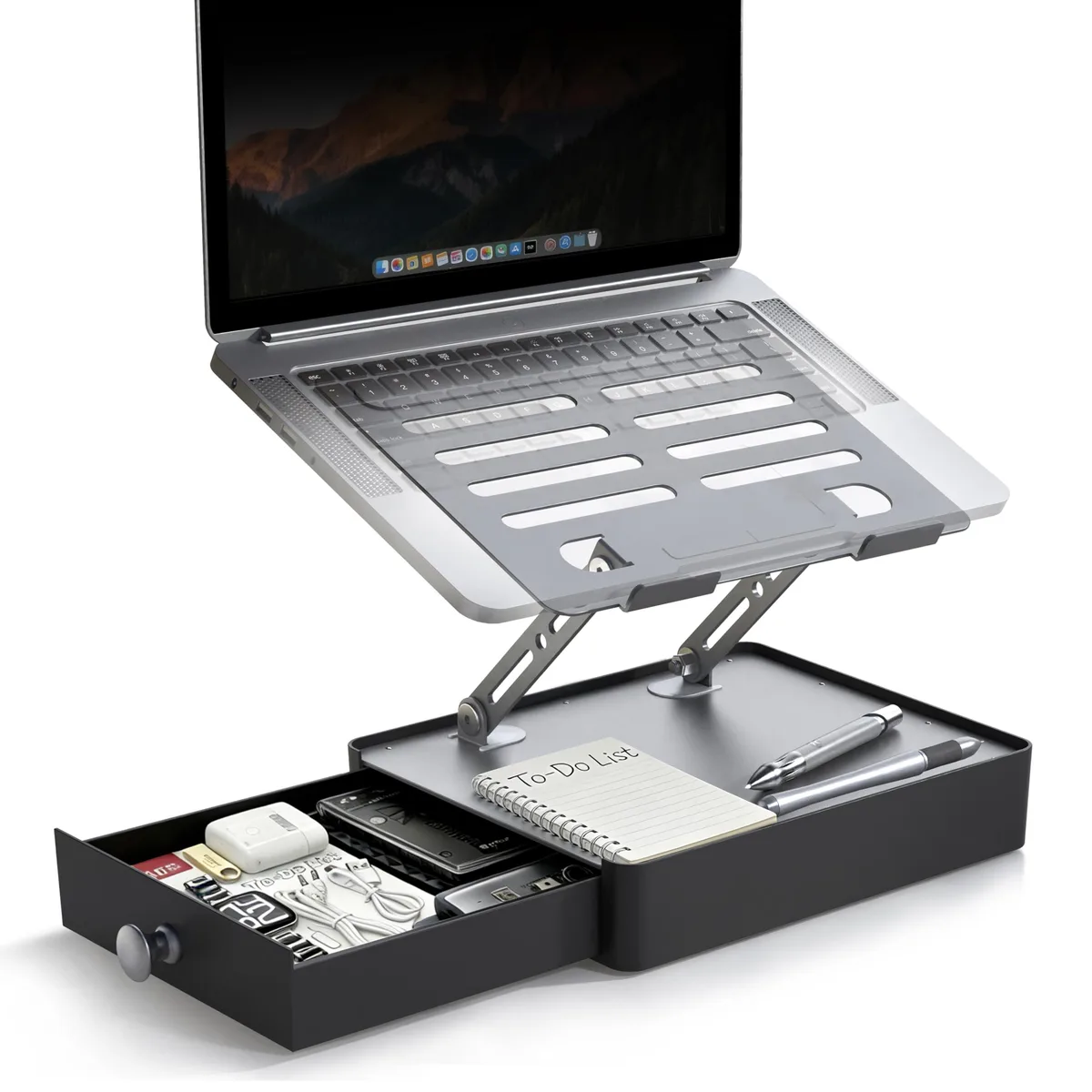 Black metal laptop stand with pull-out storage drawer, dual adjustable arms and non-slip pads