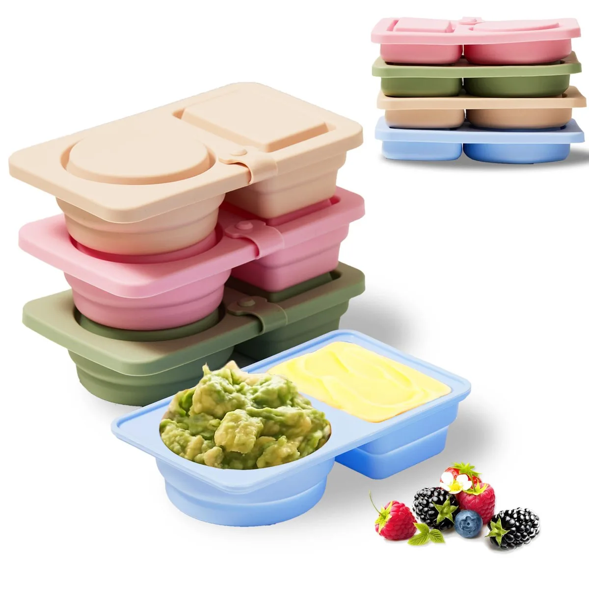Four red foldable silicone snack containers with leakproof lids and utensil straps
