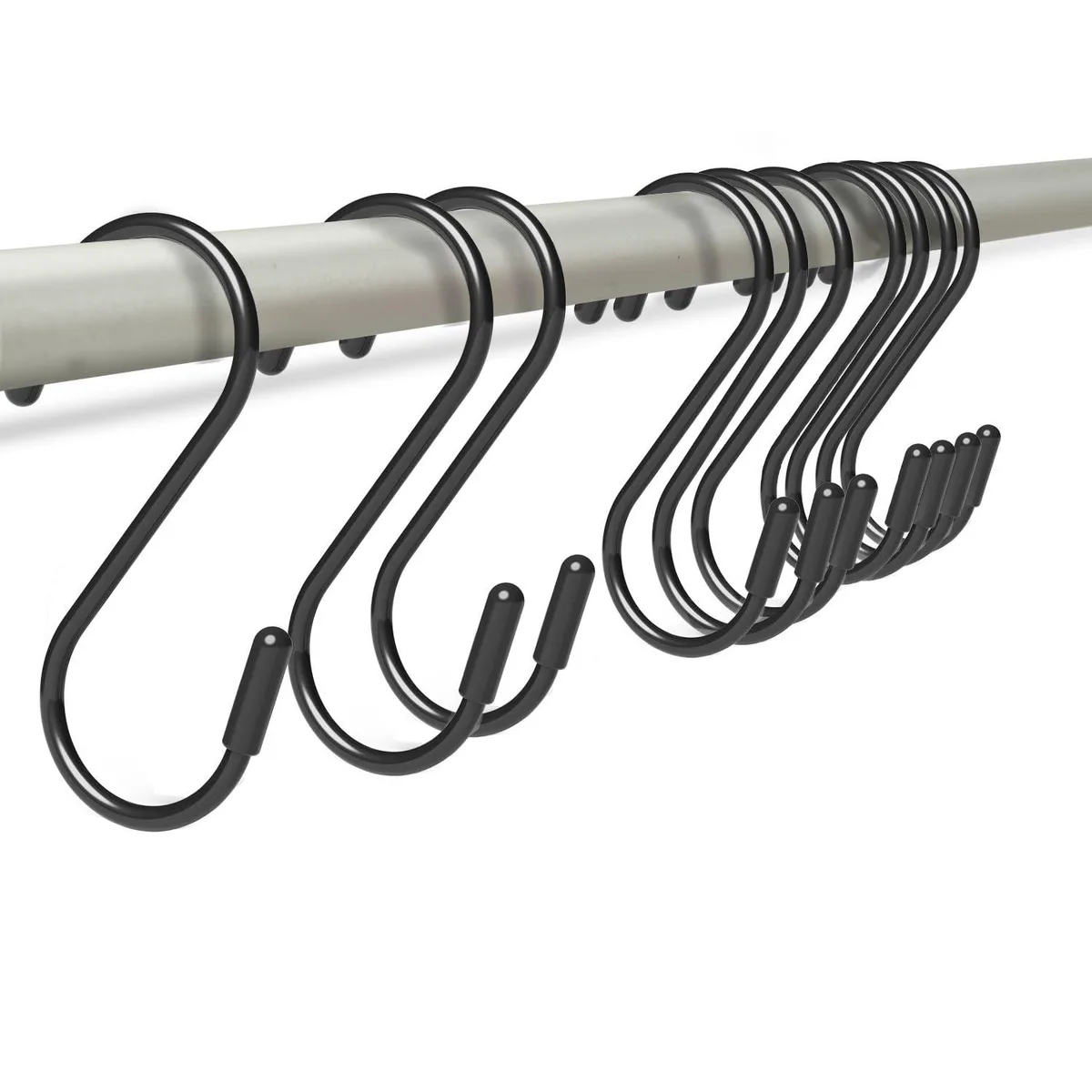 Ten black vinyl-coated steel S-hooks, each 3.0 inches long with rubber tips