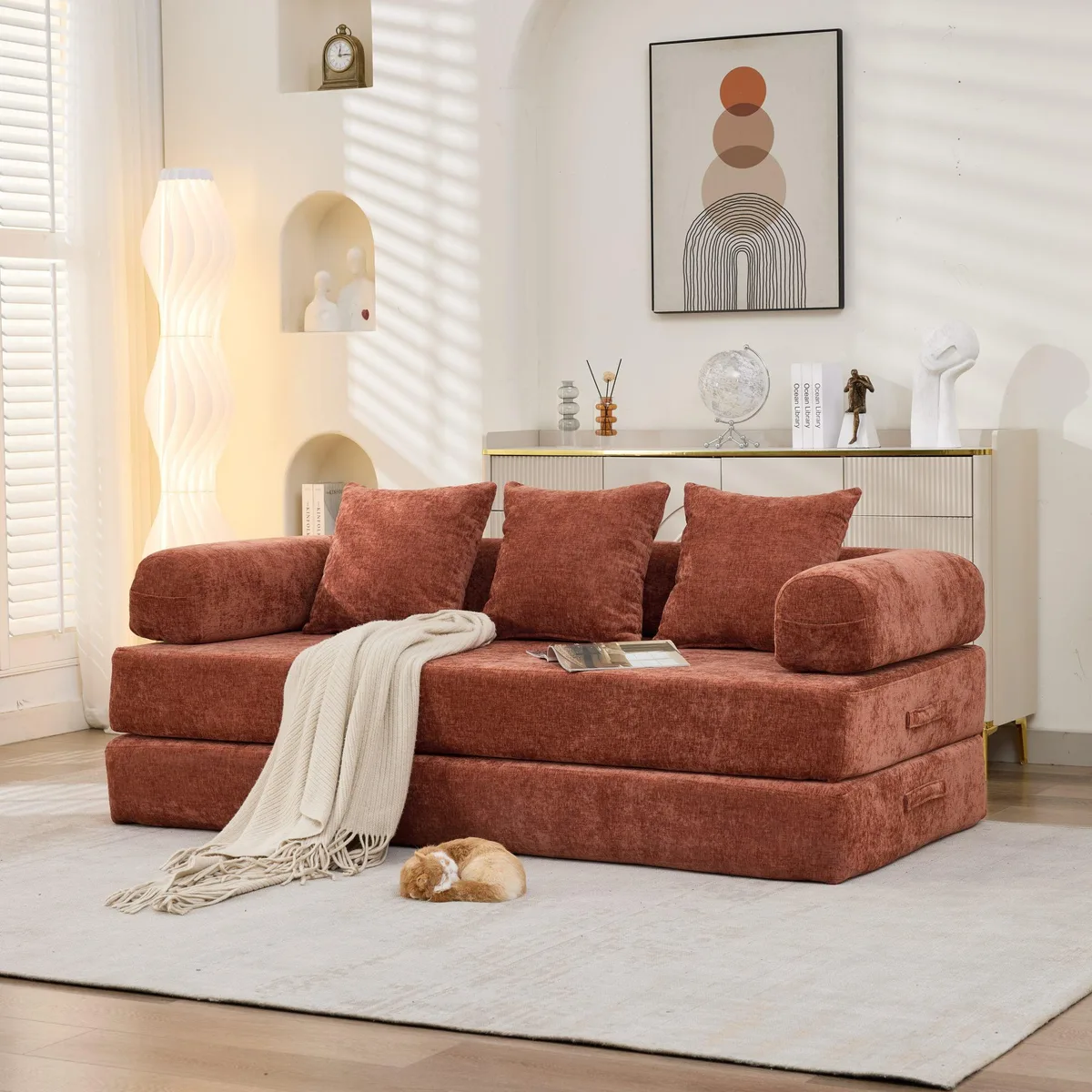 Orange chenille folding floor sofa with armrests and pillows
