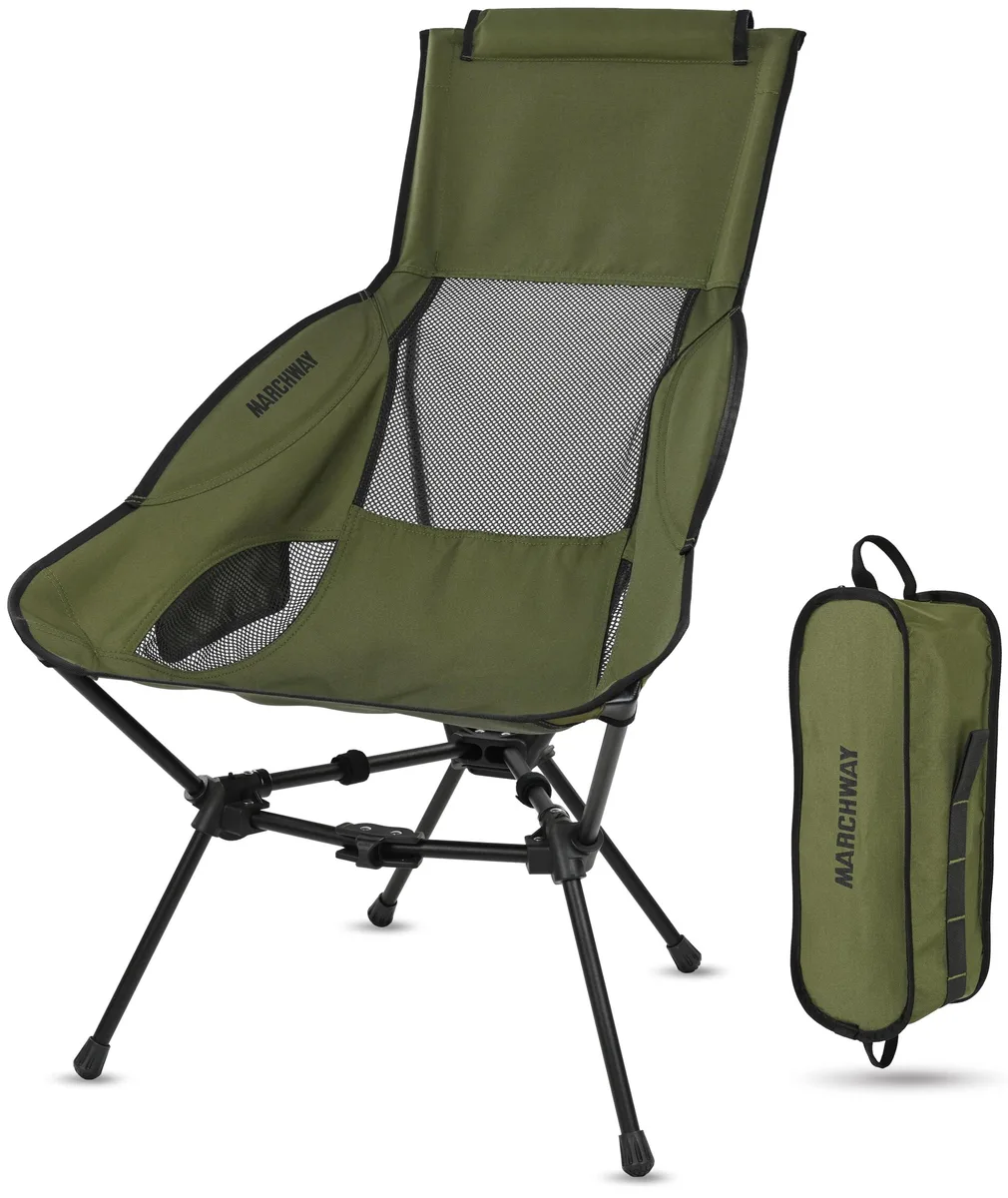 Green triangular high-back camp chair with head support, folded in carry bag