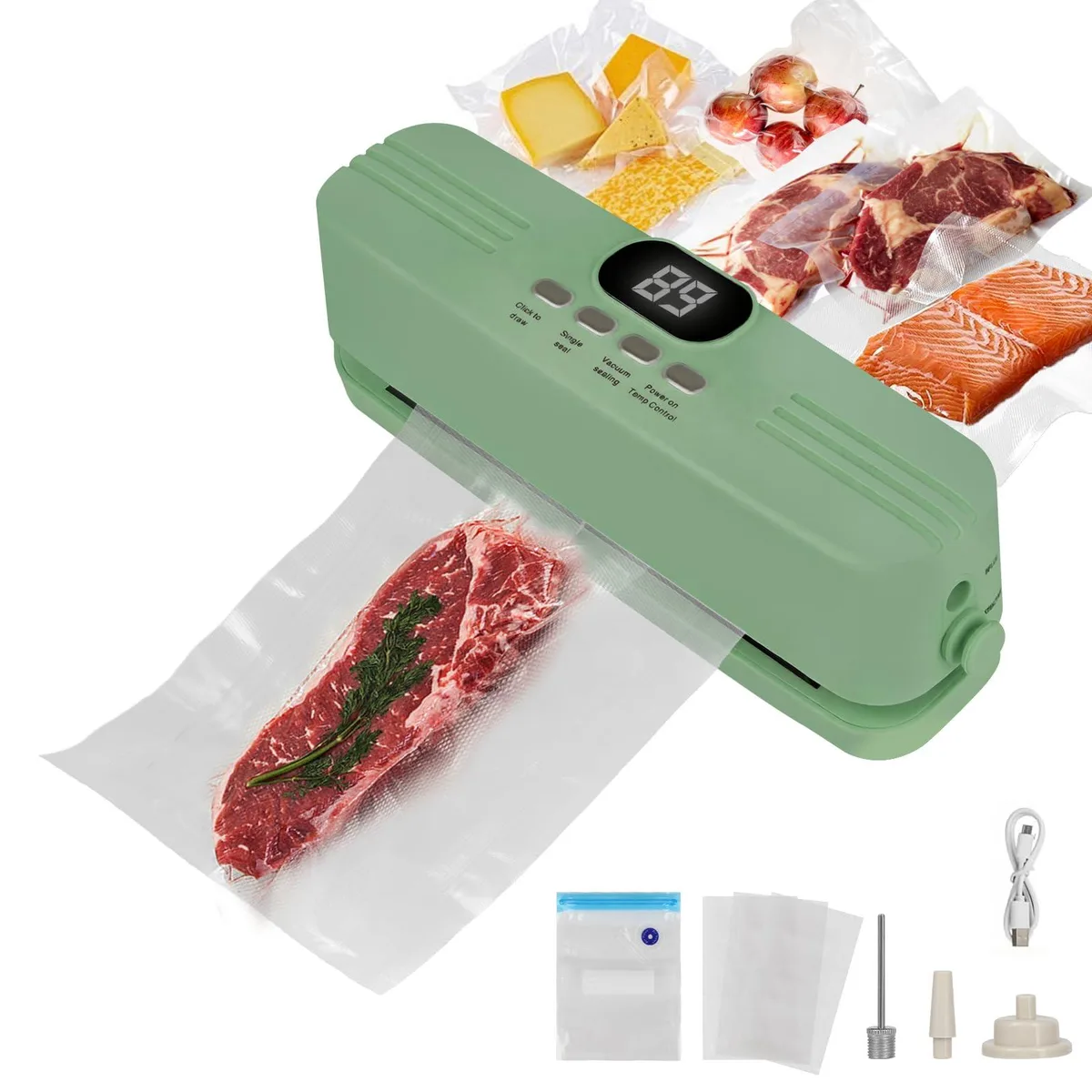 Compact green cordless vacuum sealer with nozzle and bags