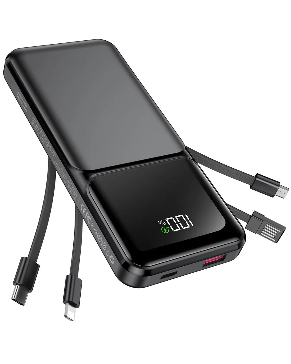 Black rectangular power bank with built-in cables and LED display
