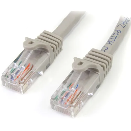 Gray Cat5e patch cable twenty feet long with snagless RJ45 connectors and molded strain relief