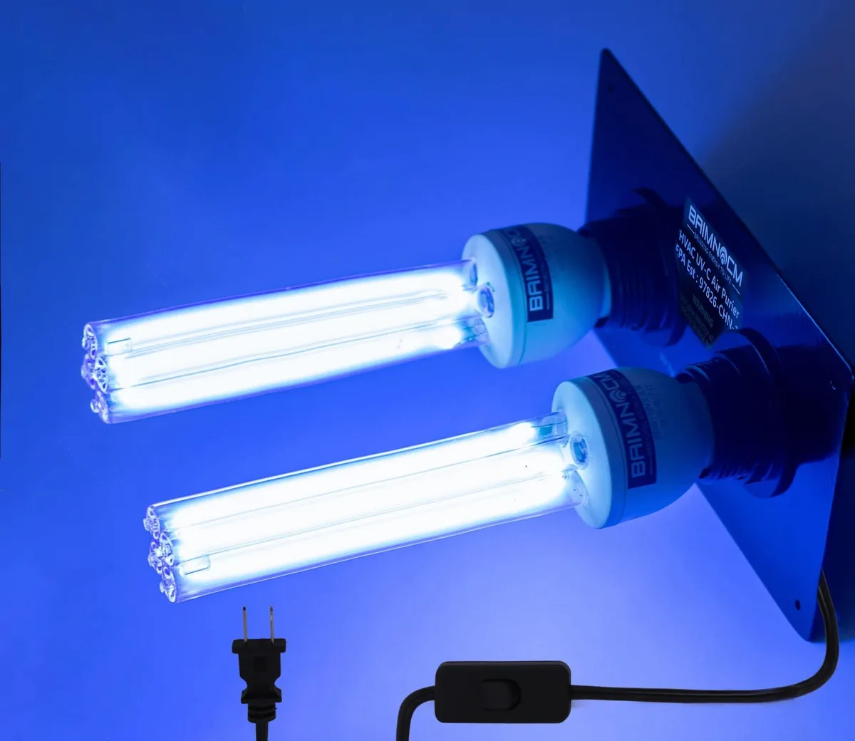 Black cylindrical UV-C lamp with 6 ft power cord for HVAC duct installation