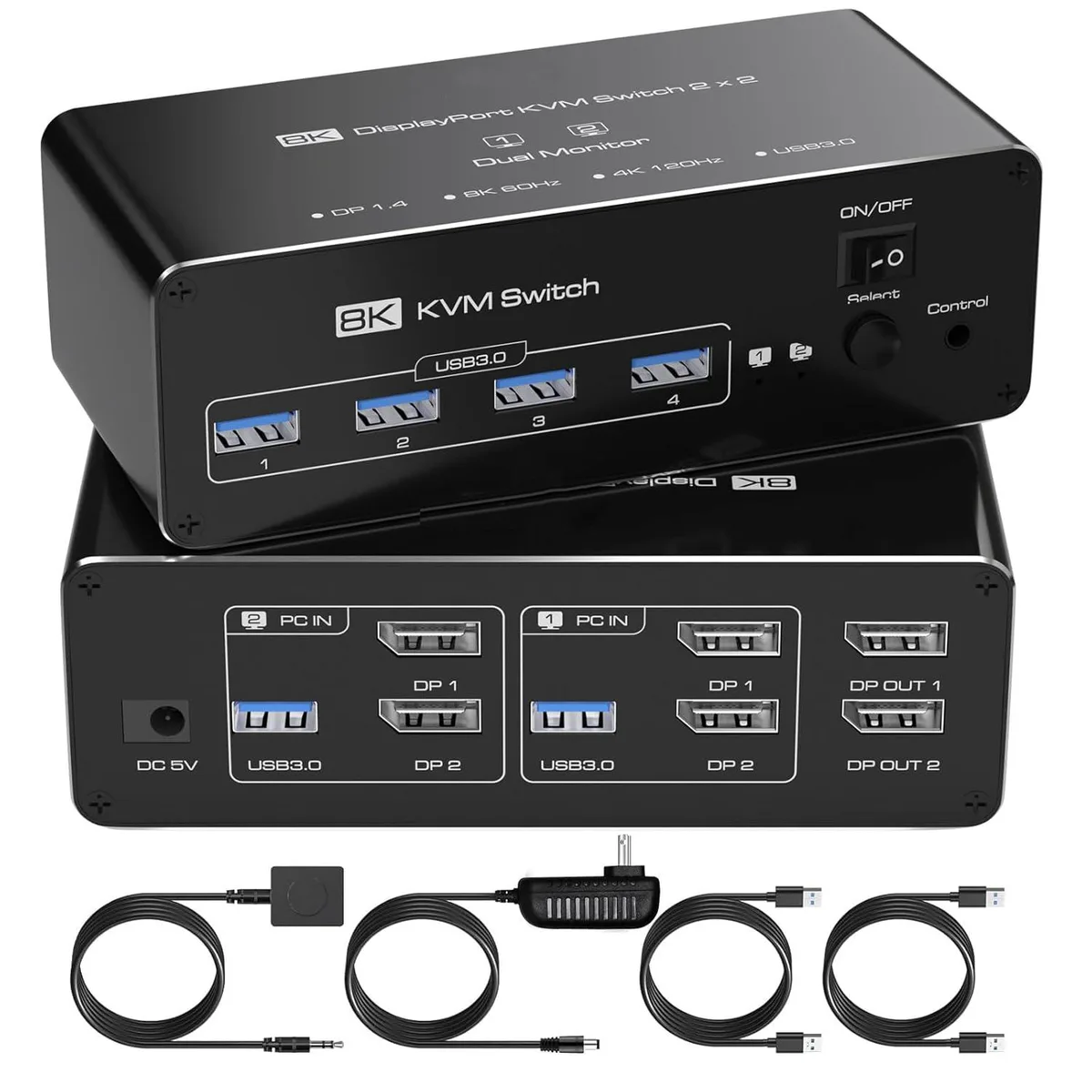 IHDAPP IHDAPP Dual Monitor DisplayPort KVM Switch 2 Ports 8K@60Hz 4K@144Hz 4 USB 3.0 — product photo