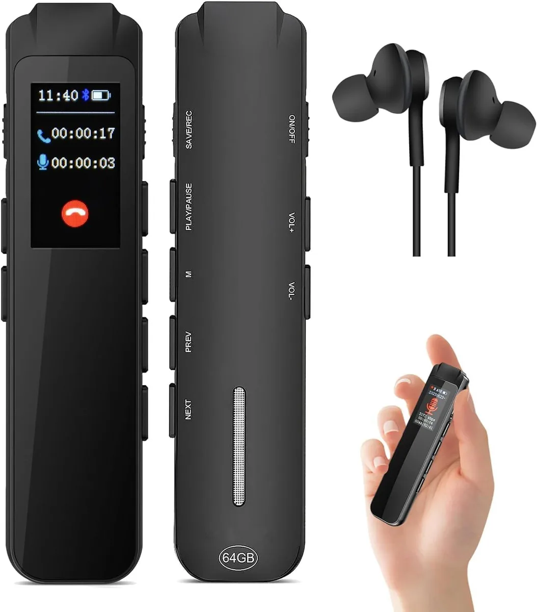 BONAEVER BONAEVER 64GB Voice Recorder Bluetooth 5.2 3072kbps 1.3in Screen — product photo