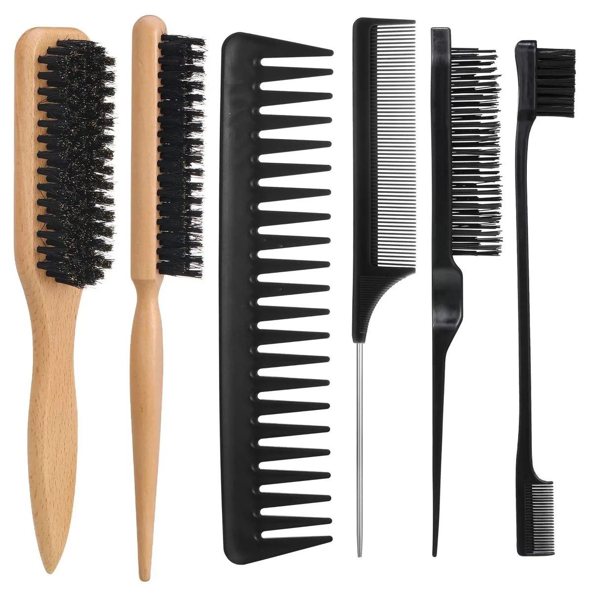 Six hair brushes and combs in a set