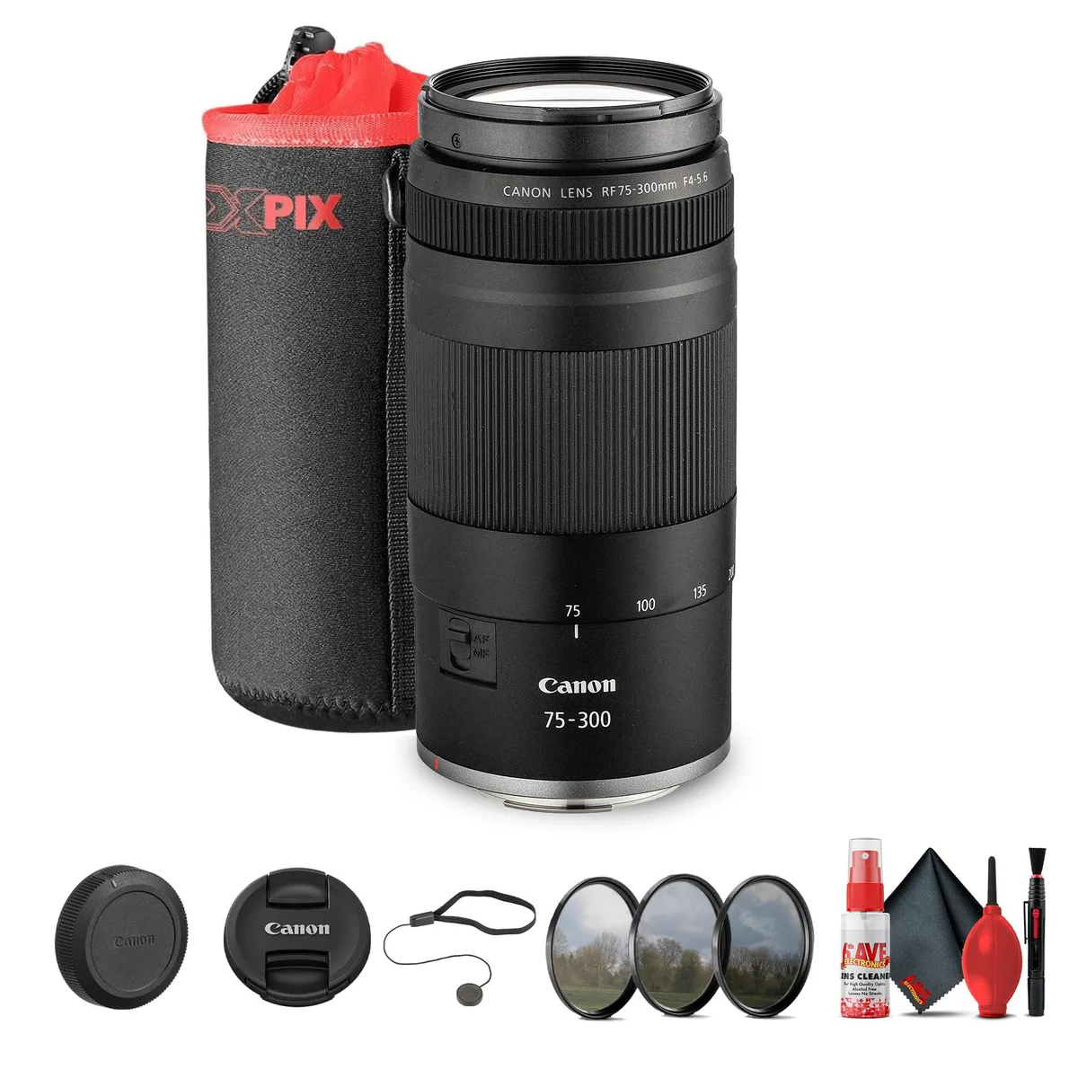 Canon Canon RF 75-300mm f/4-5.6 Lens + 58mm 3-Piece Filter Kit + Large Lens Bag + Lens Cap Keeper + Cleaning Kit — product photo