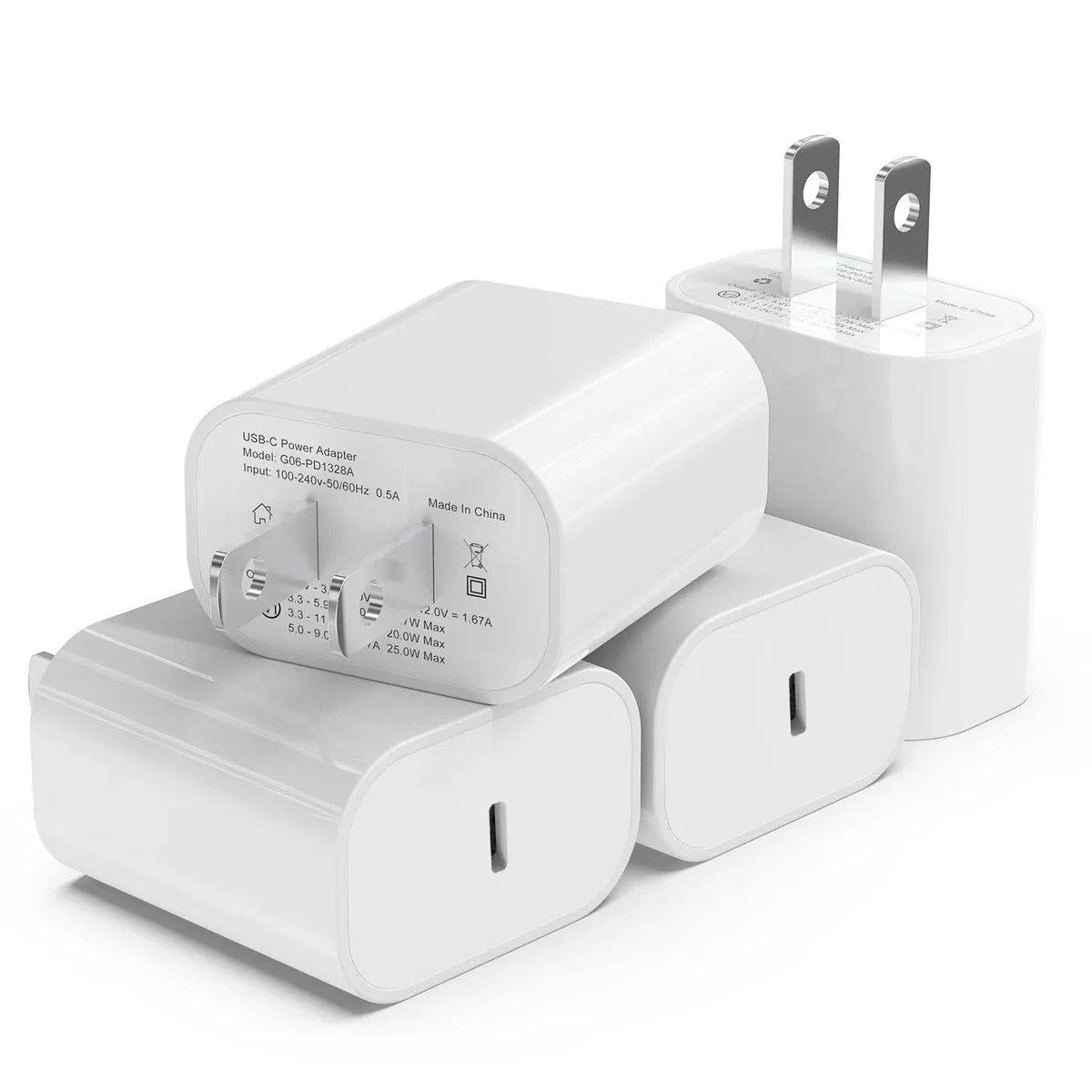 Four compact Arctic White USB-C wall chargers, each 1.6 by 1.1 inches, 20W PD 3.0