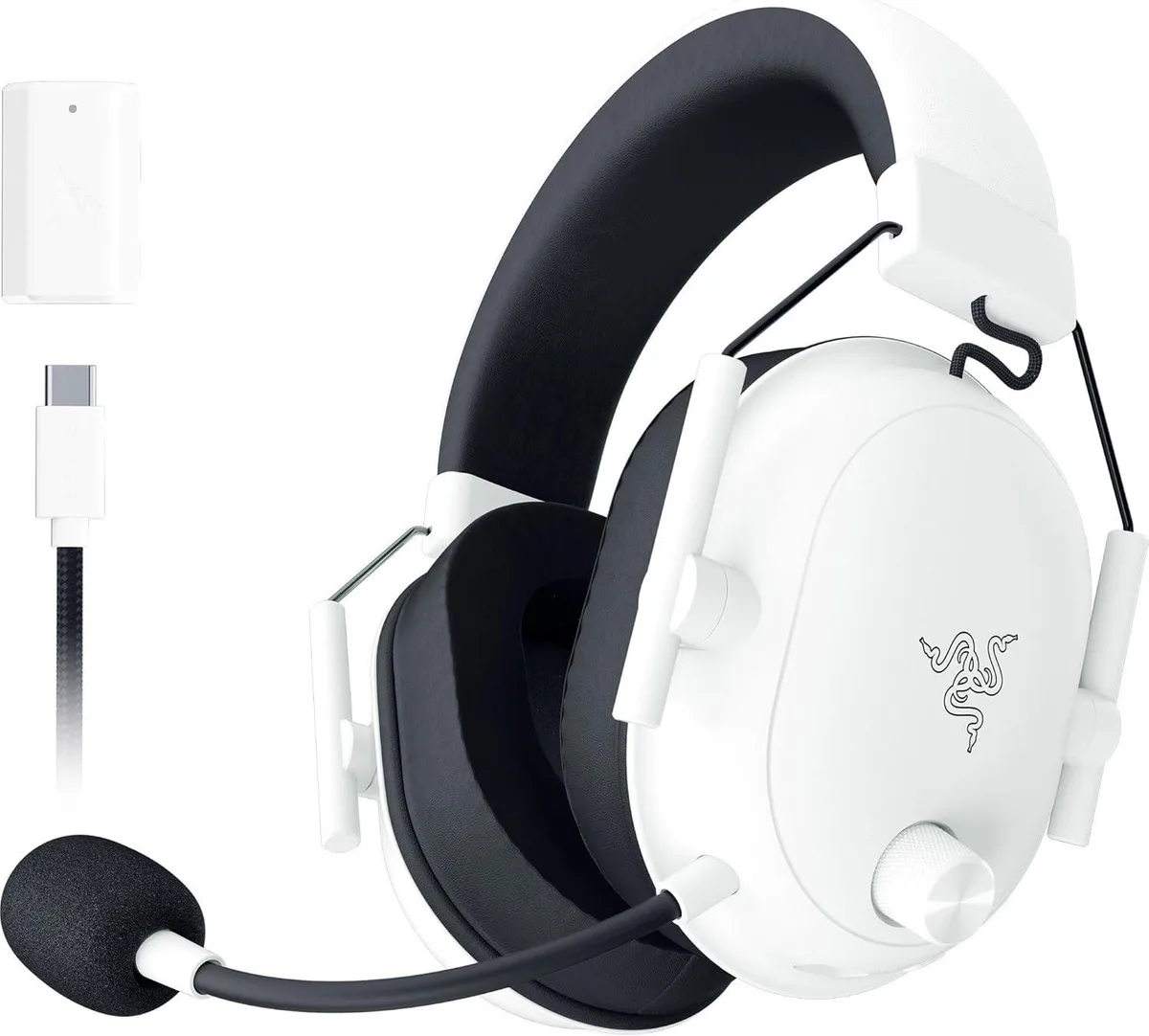 White over-ear wireless gaming headset with bendable boom mic and USB-C cable