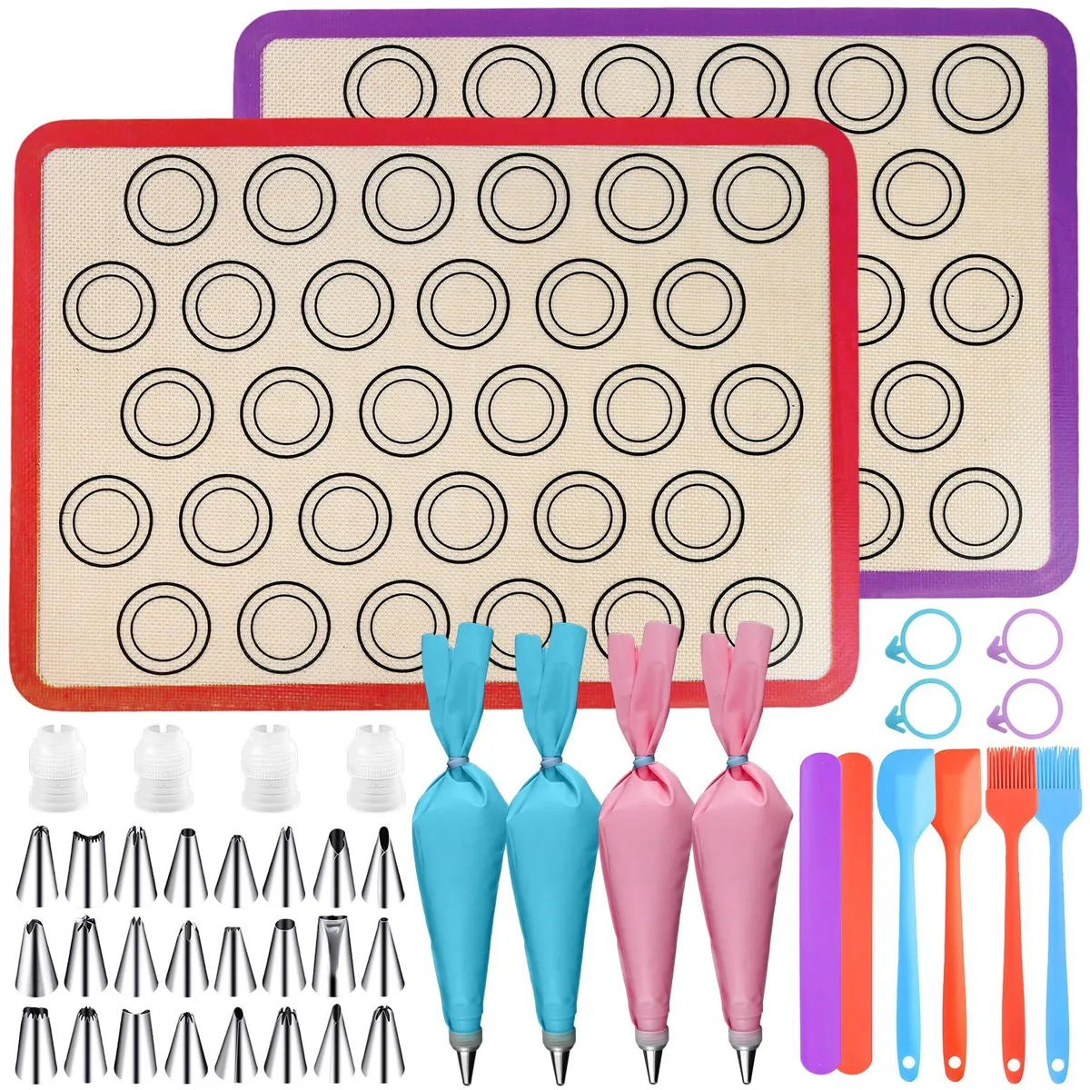 Two red and purple silicone macaron mats with 30 holes each, plus piping tips bags and tools in pearlescent packaging