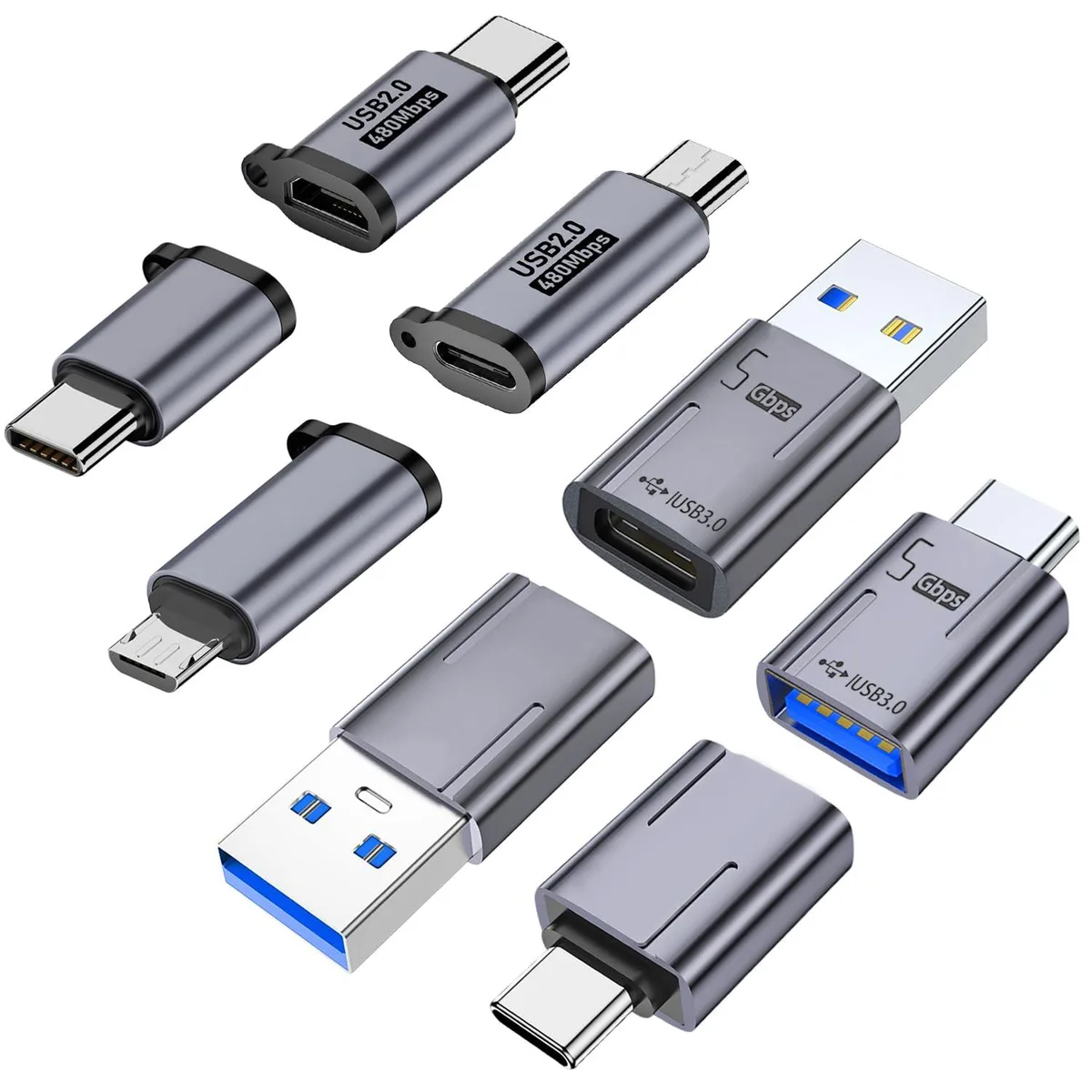 Eight grey USB adapters in a set, four types, aluminium finish