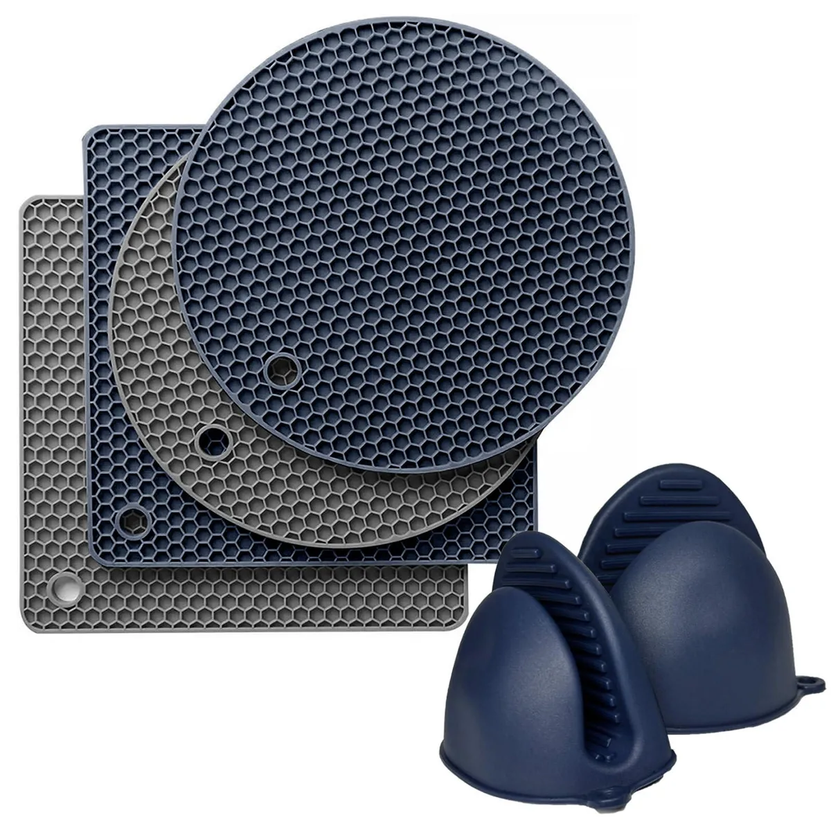 Set of grey and navy blue silicone trivet mats, oven mitts and pot holders with honeycomb texture and hanging holes