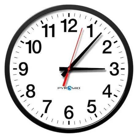 Round black plastic wall clock with white face and polycarbonate lens