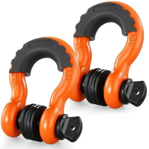 Two orange D-ring shackles with black screw pins and washers