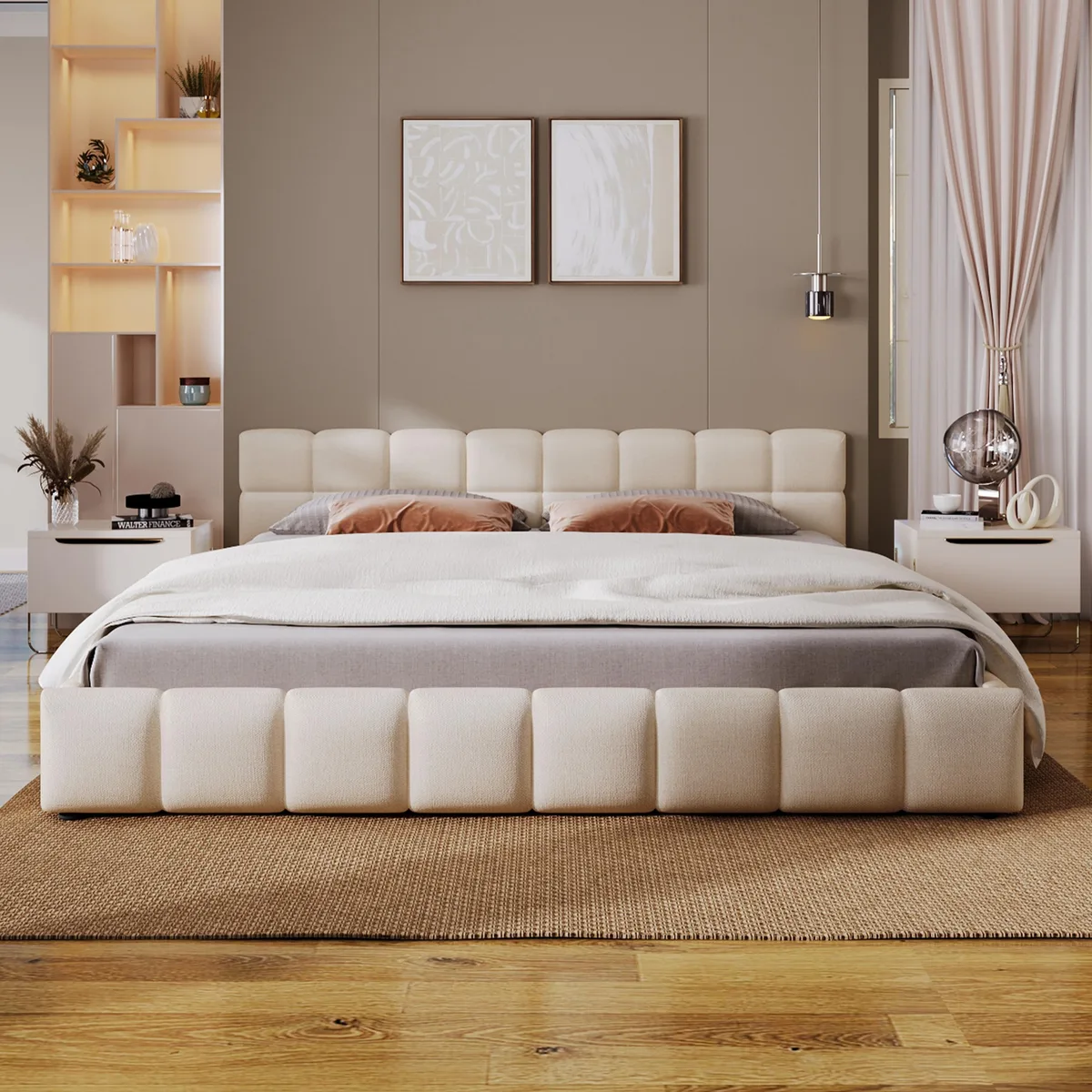 tuphen tuphen Chenille Upholstered Bed Checkerboard King Beige — product photo