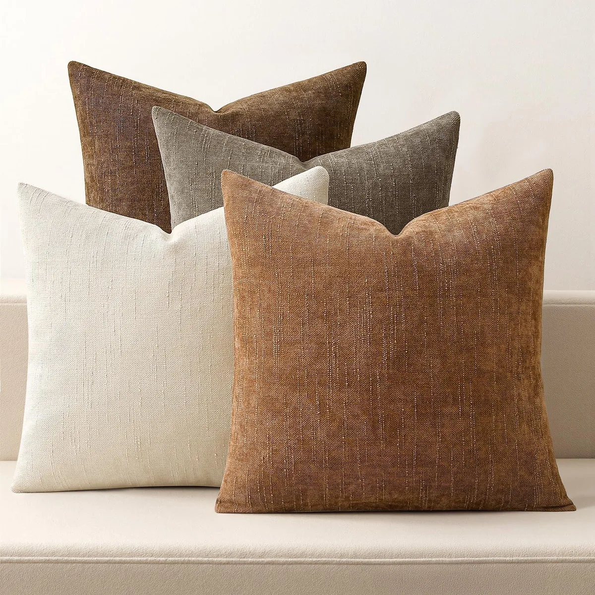 Four square brown chenille pillow covers with invisible zippers