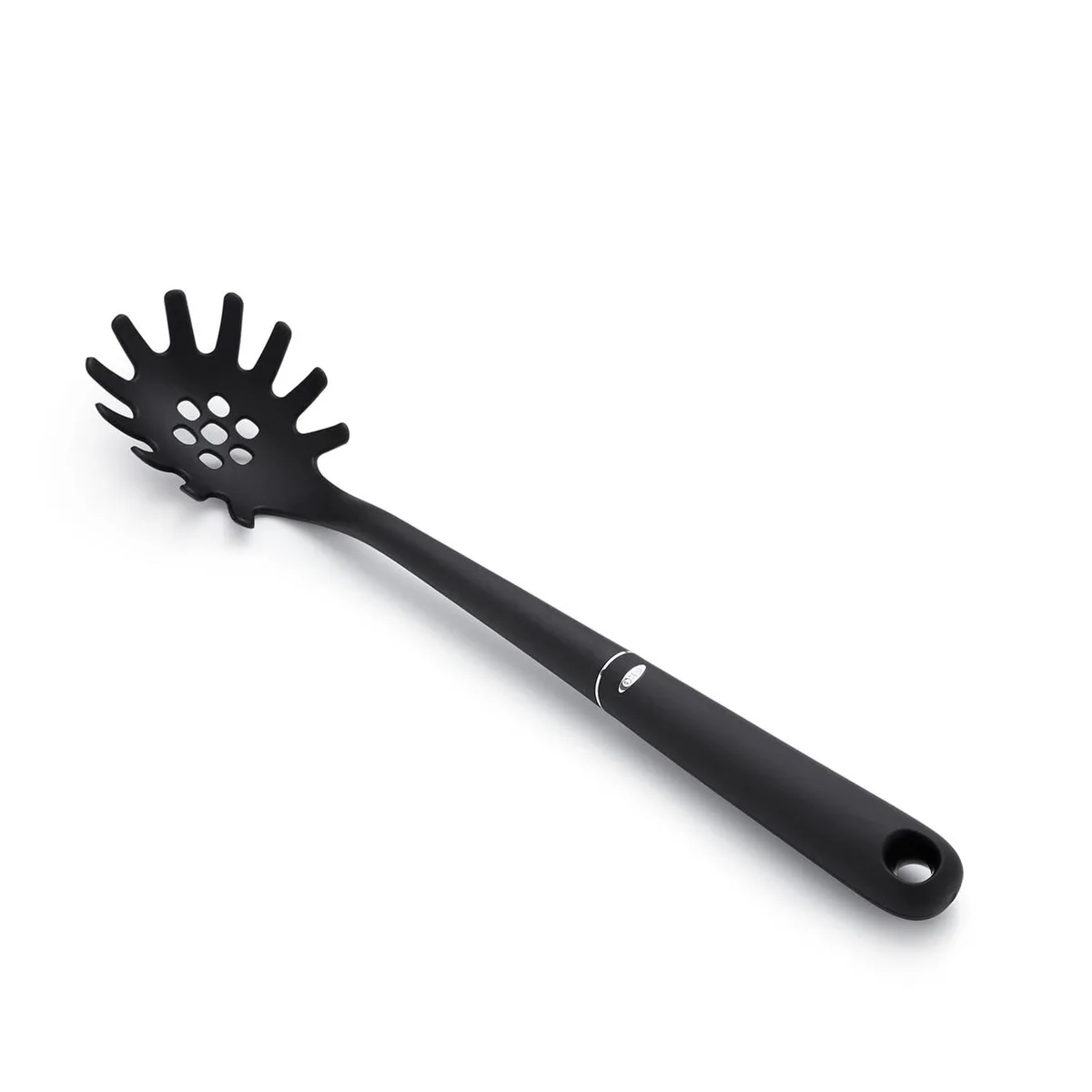 Black nylon spaghetti server with soft non-slip grip and slotted head