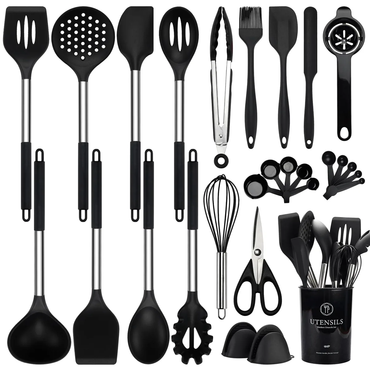 Black 28-piece silicone utensil set with stainless steel handles in rectangular holder
