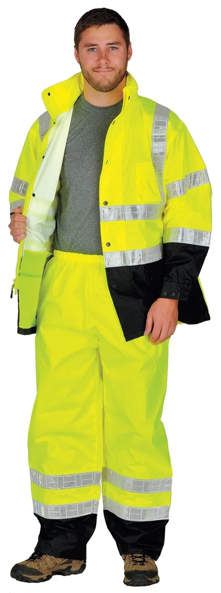 Two-piece lime high-visibility rainsuit with packable hood and zipper front