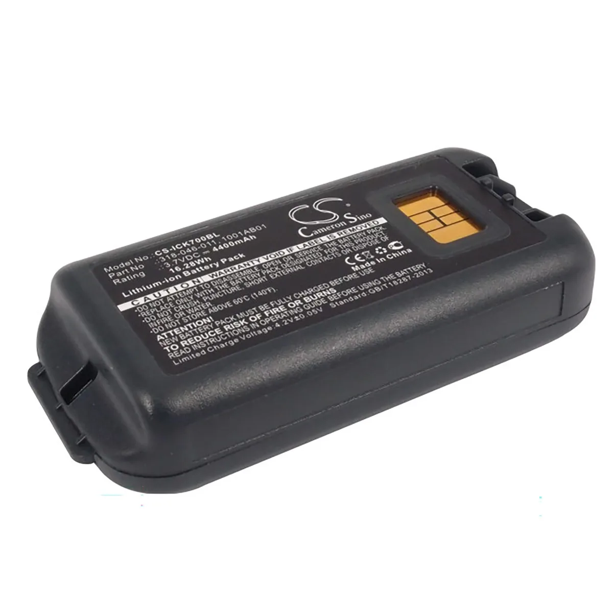 Black rectangular lithium-ion battery pack with smooth finish and contacts on one end