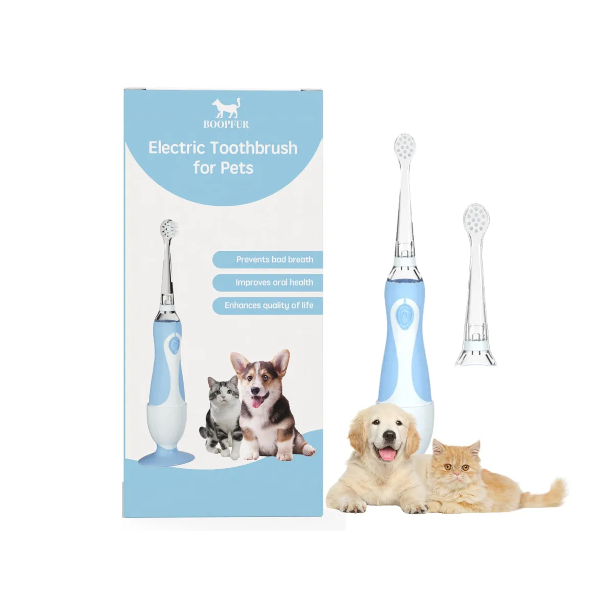 Blue battery-powered pet toothbrush with LED light and timer, 20 cm, 0.05 kg