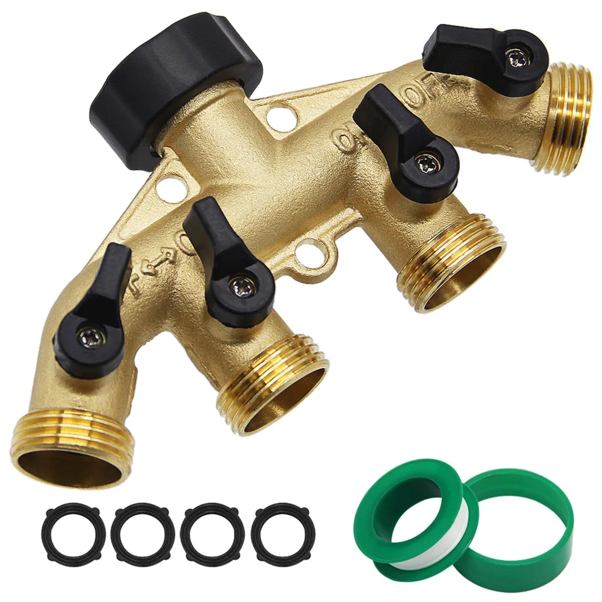 Five brass hose splitters with bronze finish and four valves each
