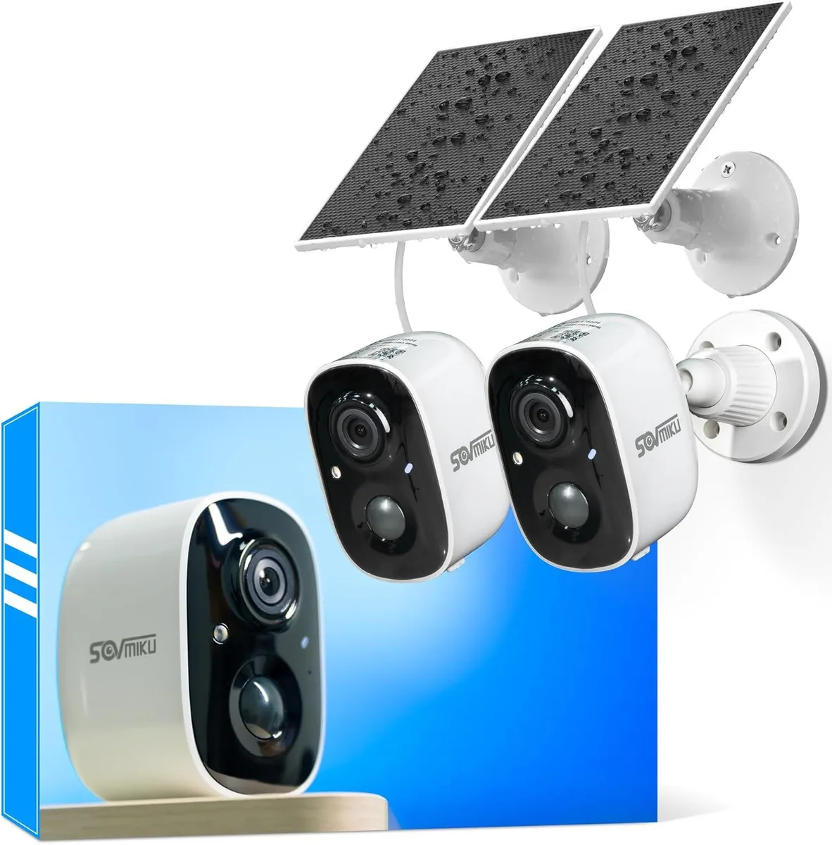 White rectangular outdoor security camera with solar panel on top, IP65 rated, 5200mAh battery, 2.4GHz Wi-Fi