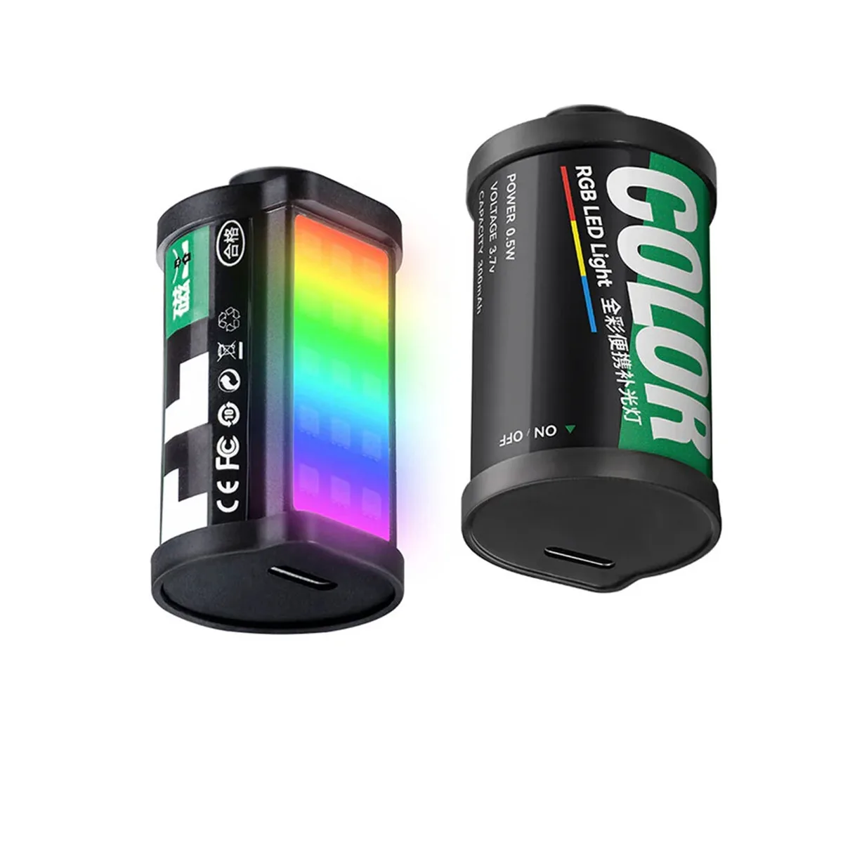Tiny rectangular LED light with retro 135 film styling, matte finish, magnetic cold shoe mount