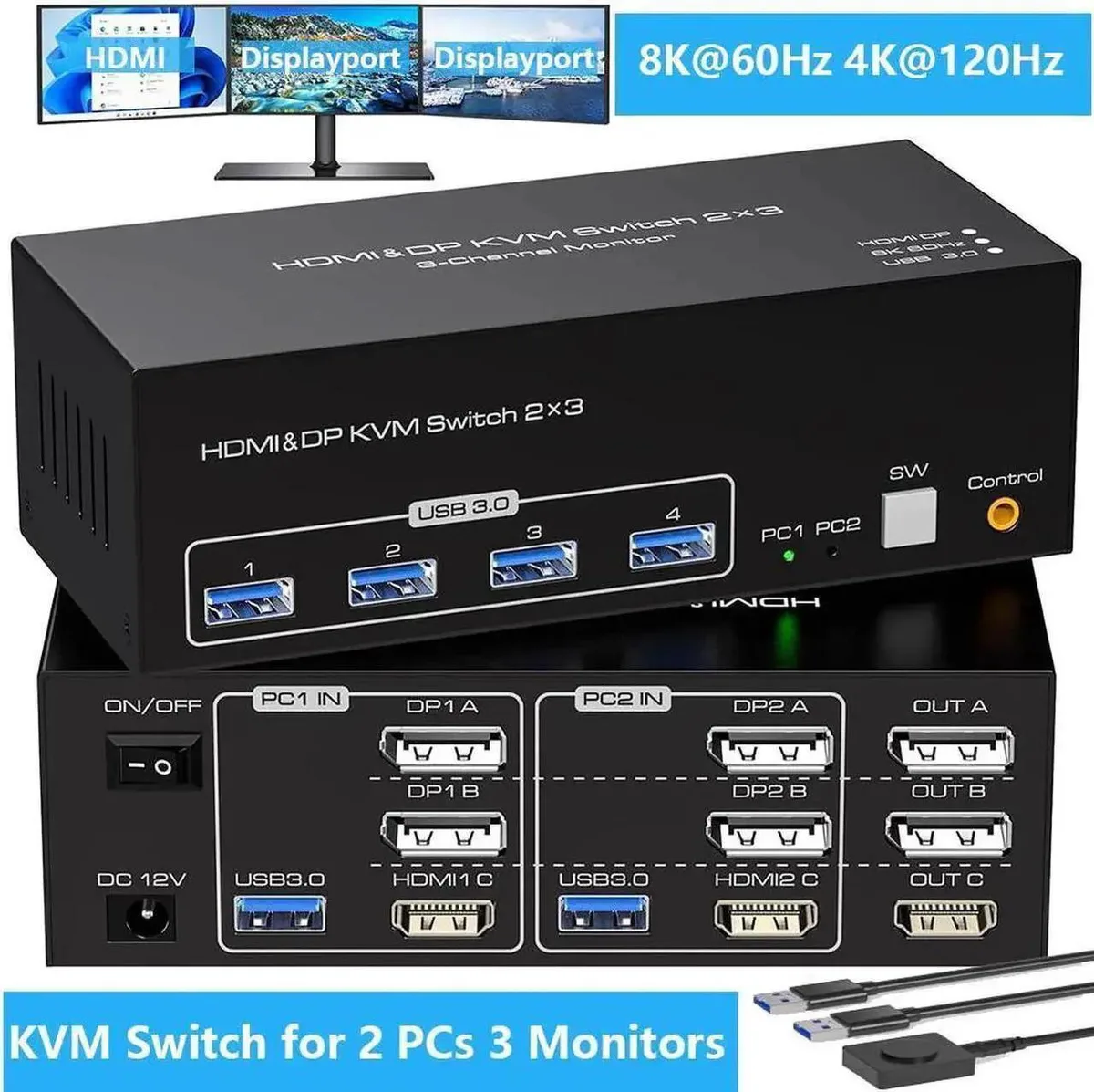 Vszerda Vszerda HDMI+2DP Triple Monitor KVM Switch 8K@60Hz 4K@120Hz 4 USB 3.0 — product photo