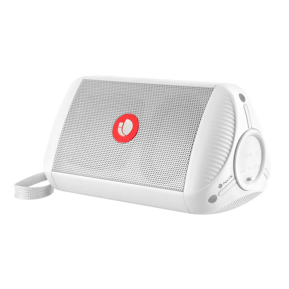 White cylindrical portable speaker with carry strap