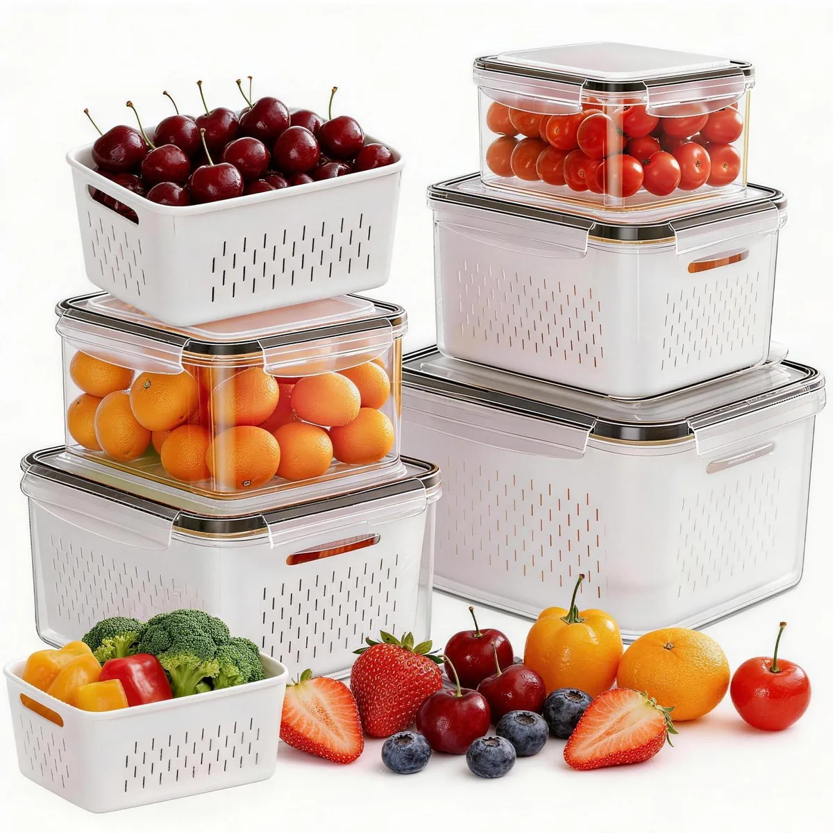 Five white rectangular plastic food containers with lids and removable colanders stacked together