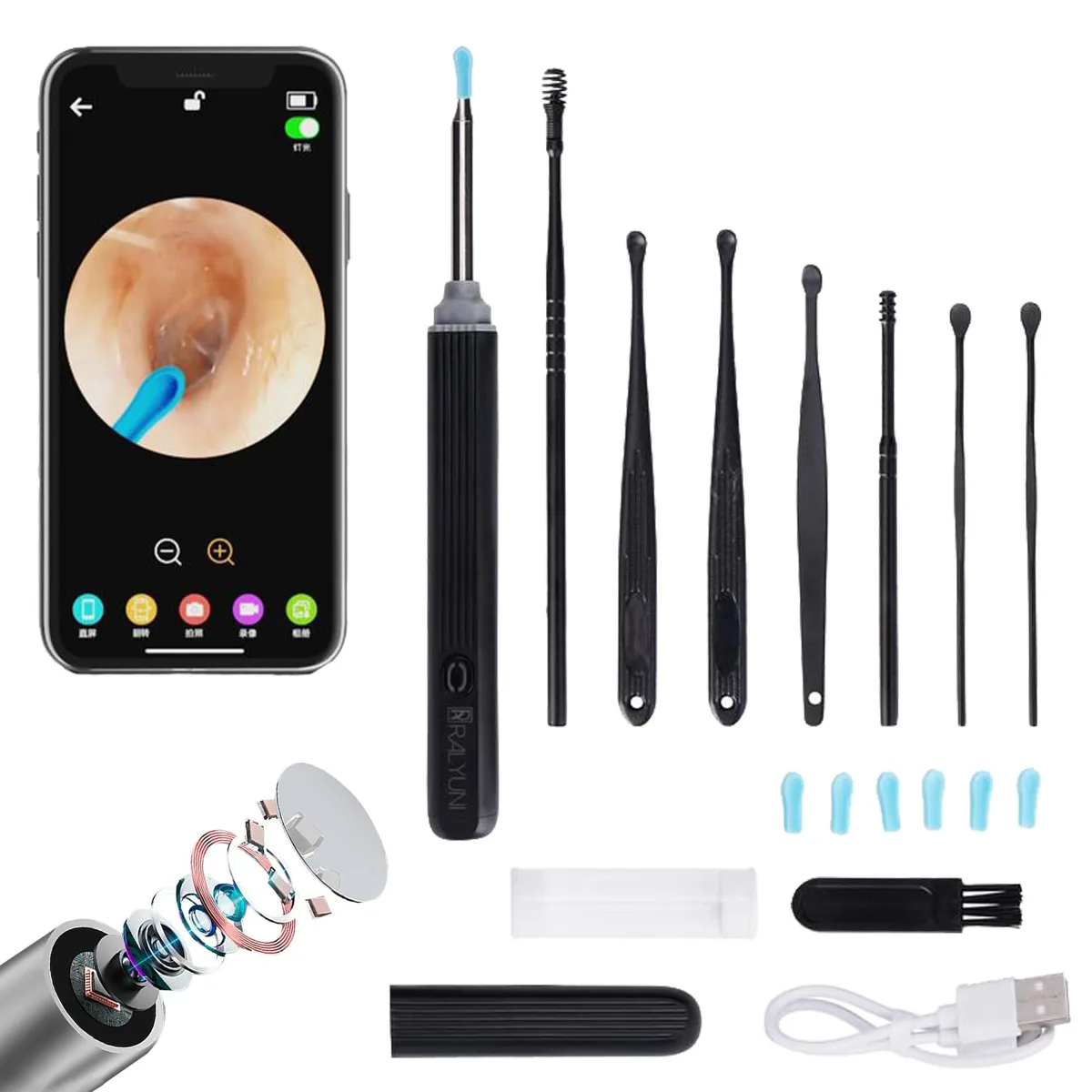 Black ear-cleaning otoscope with 6 LED lights, 1080P camera, 130mAh battery, USB-C charging