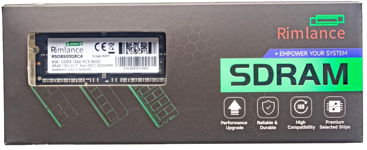 RIMLANCE RIMLANCE 4GB DDR3 1066MHz 1.5V 204-Pin SODIMM 2RX8 PC3-8500 — product photo