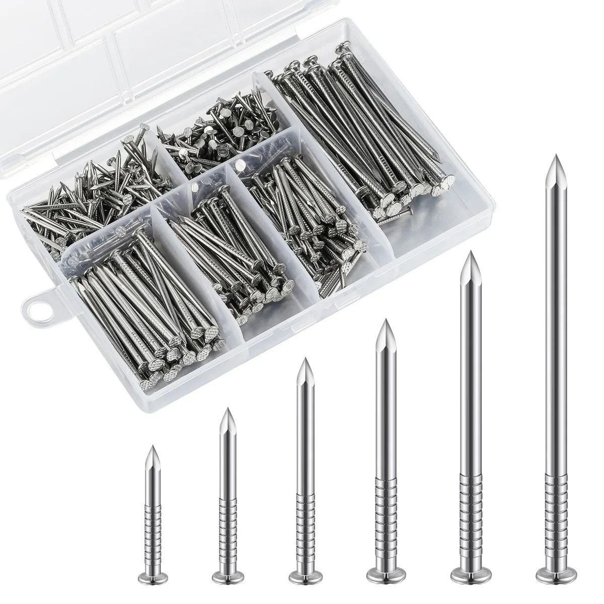 Cardboard box holding 430 stainless steel 304 nails in six lengths, gloss black finish