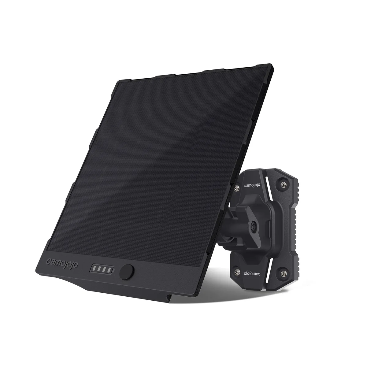 Black rectangular solar panel with integrated battery, mounting bracket and strap