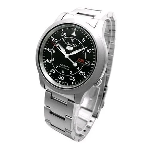 36mm round black-dial automatic watch, stainless steel case and bracelet, silver finish, deployment clasp