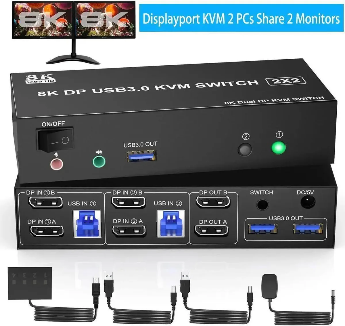 Vszerda Vszerda USB 3.0 DisplayPort KVM Switch 8K@60Hz 2 Monitors 2 Computers — product photo