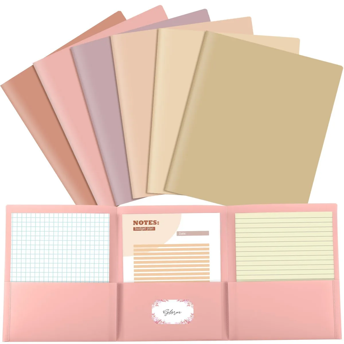 Six warm-coloured plastic tri-fold folders with three pockets each, letter size