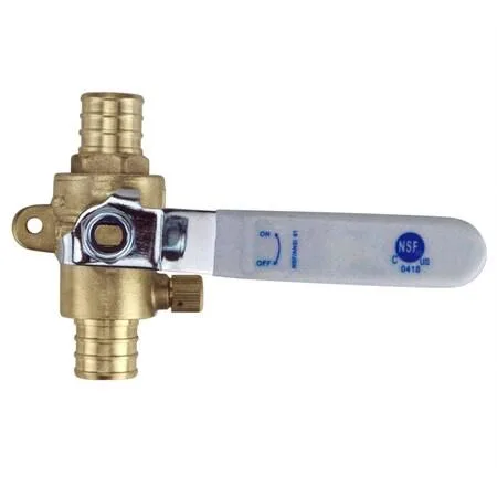 Brass PEX barb ball valve with drain lever and mounting pad