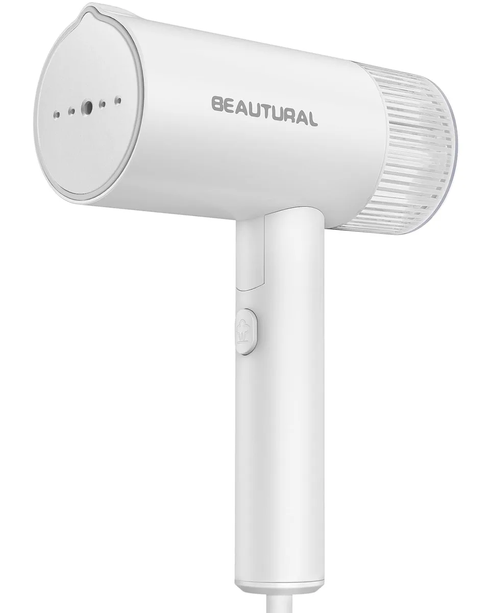 White foldable handheld garment steamer with compact body and integrated water reservoir