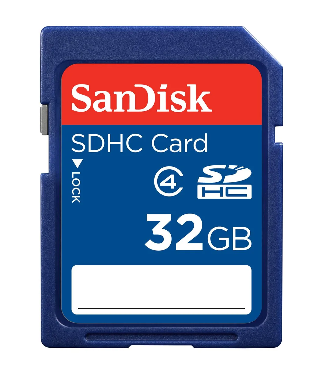 SanDisk 32 GB SDHC memory card, black plastic front with red label