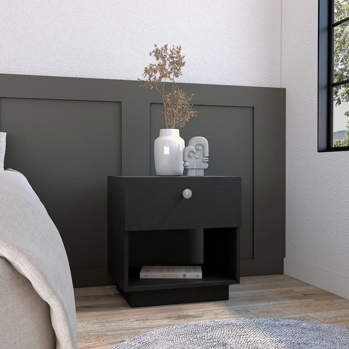 Black particle-board nightstand with one drawer and open lower shelf, 19 inches high