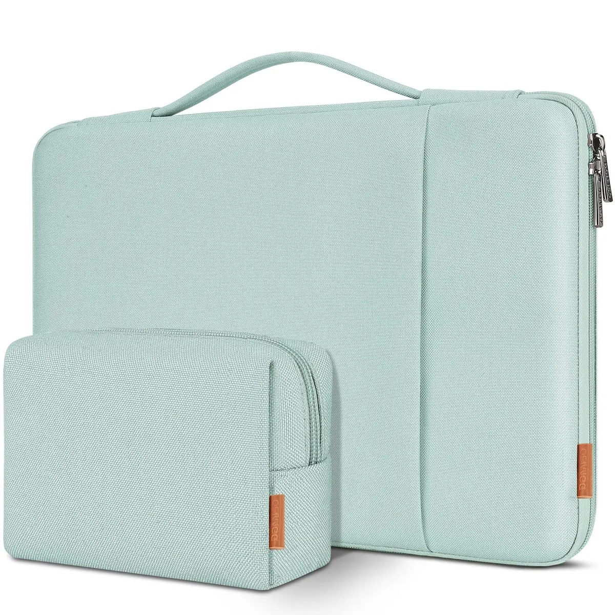 Mint green laptop sleeve with stretchable top handle and front pocket