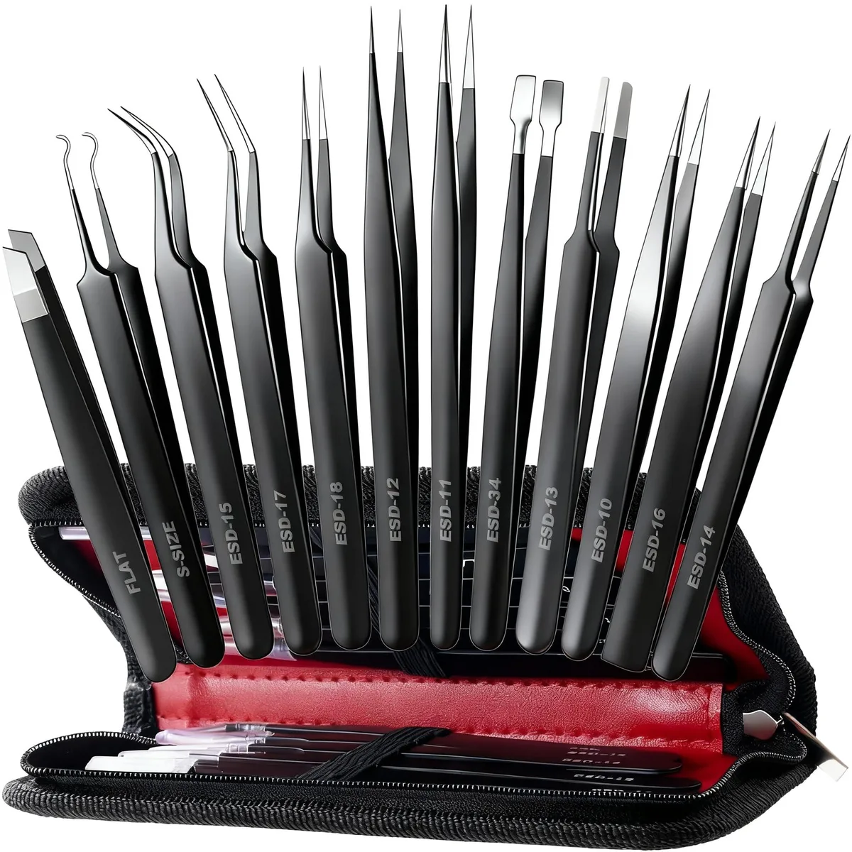 Black metal 12-piece precision tweezer set with leather case and tip covers